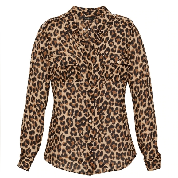 White House Black Market Long Sleeve Leopard Print 100% Silk Blouse Sz 4 - Picture 1 of 6